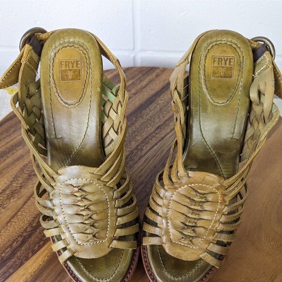 Frye Joy Huarache Platform Heels Olive Green Leather Size 7 - Picture 6 of 11